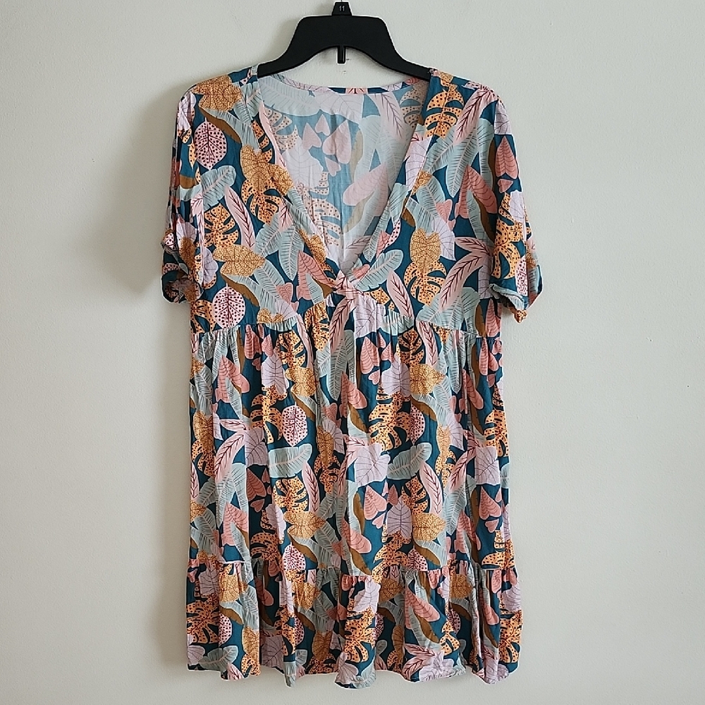 Cupshe Deep V Mini Dress Flirty Flowy Palm Leaf Print Multicolor Womens Medium